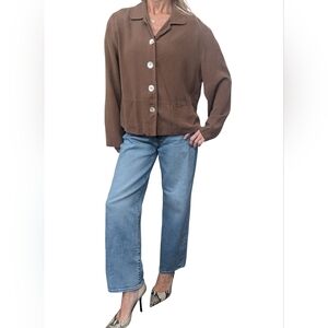 Vintage Clio 100% Silk Brown Button Up Jacket Quiet Luxury Minimalist M